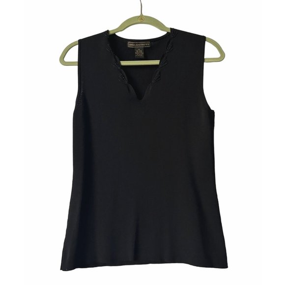 Linda Matthews Women's Black Beaded Trim Sleeveless Top Size Medium - Picture 1 of 8